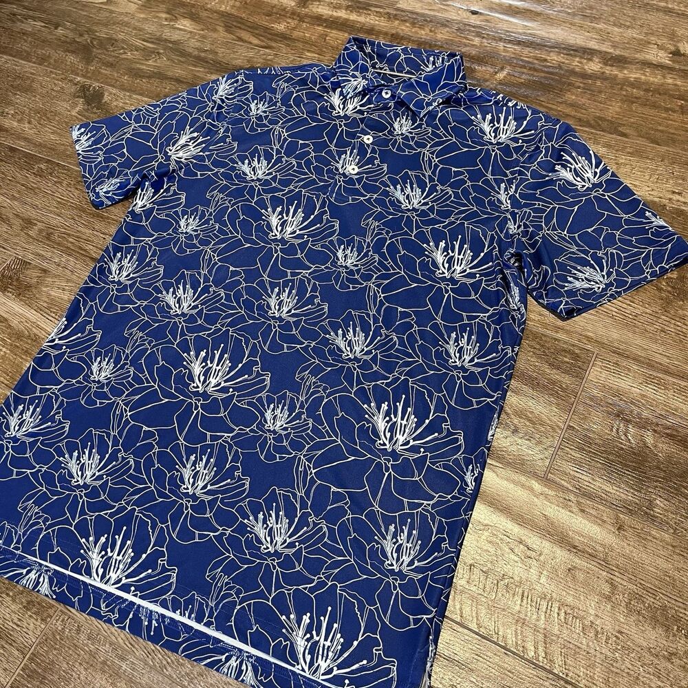 Johnnie-O Polo Shirt Mens Small Blue Floral Performance Print Stretch AOP Golf